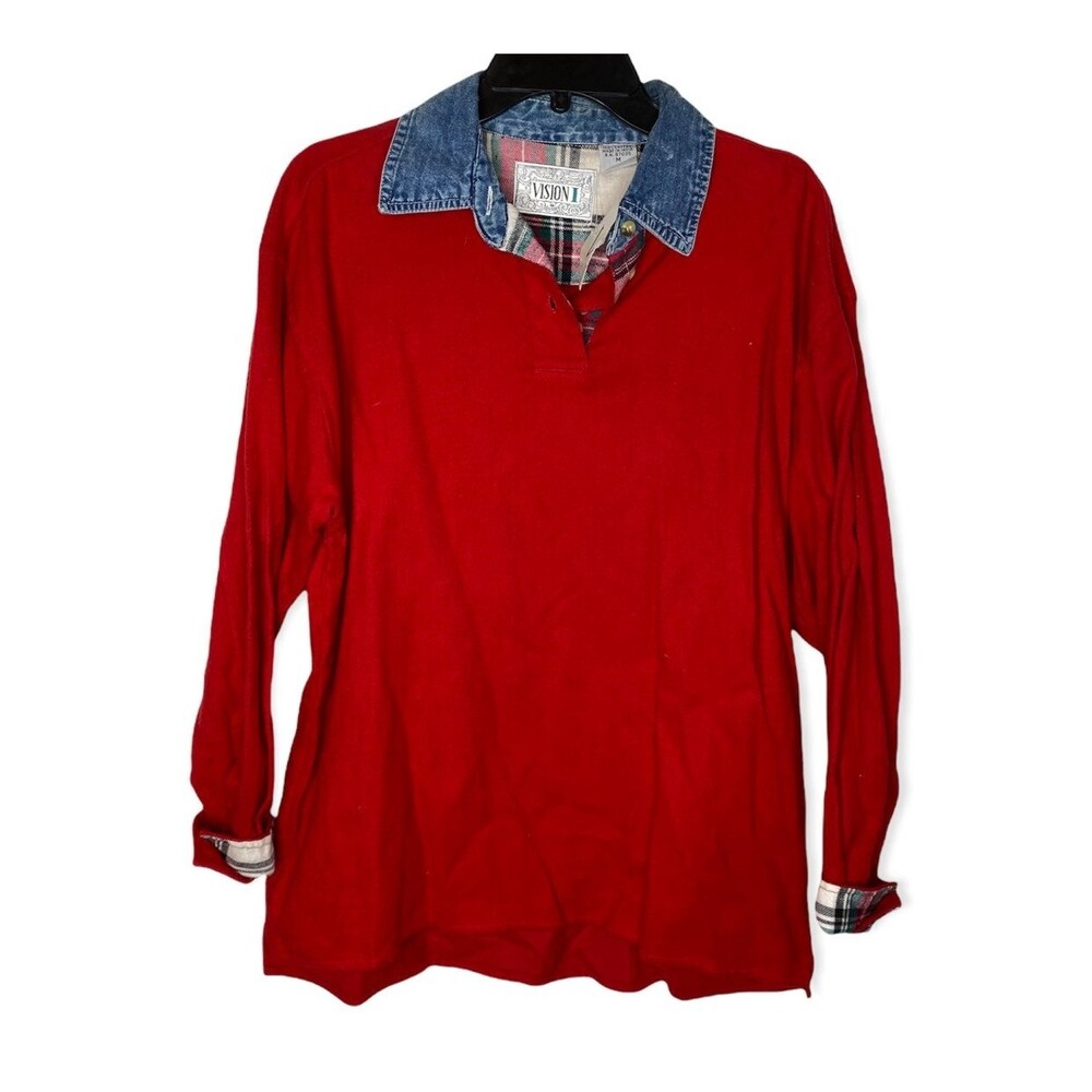 New vintage 90s 1990s Vision Denim Collar red fleece & plaid shirt  med